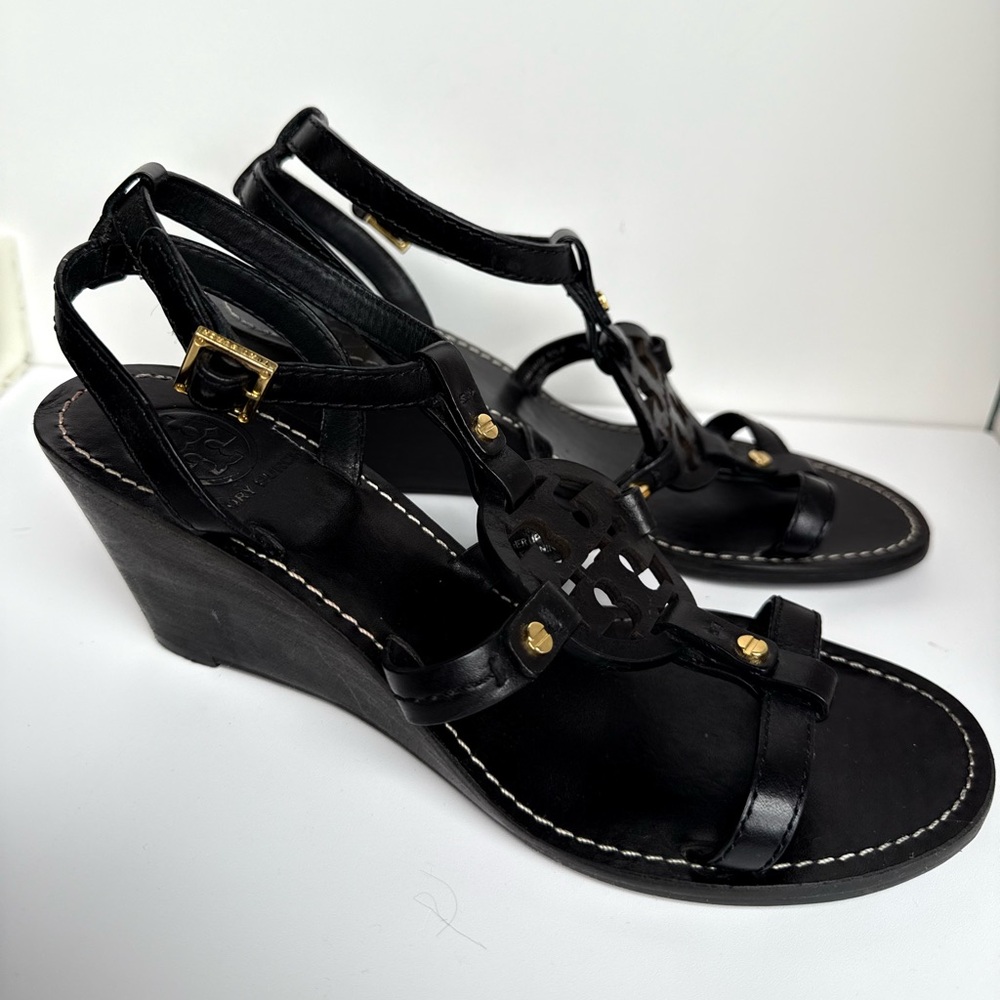 Tory Burch Black Leather Miller Logo Wedge Ankle Strap Sandals Size 7M - Picture 4 of 11
